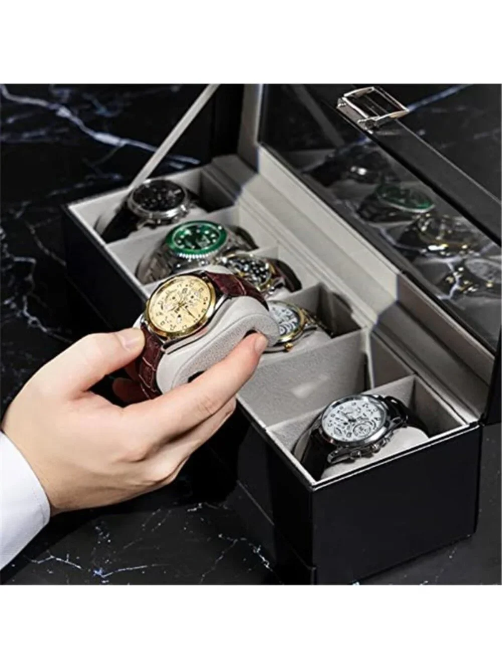 Watch Box, 6 Slot Watch Display Case with Drawer -Black